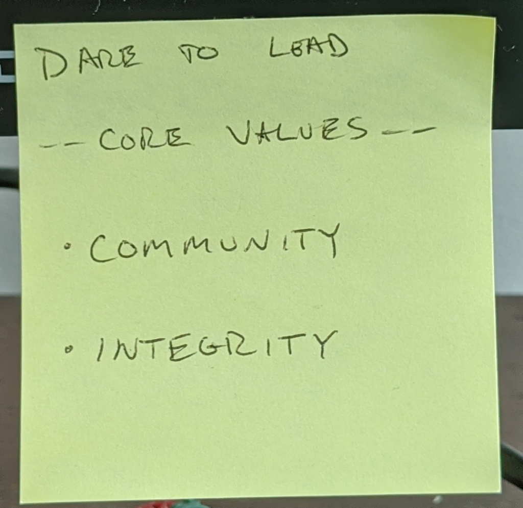 sticky note with core values